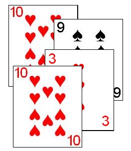 The two 10's of Hearts cancel each other out, thus the 3 takes the trick.