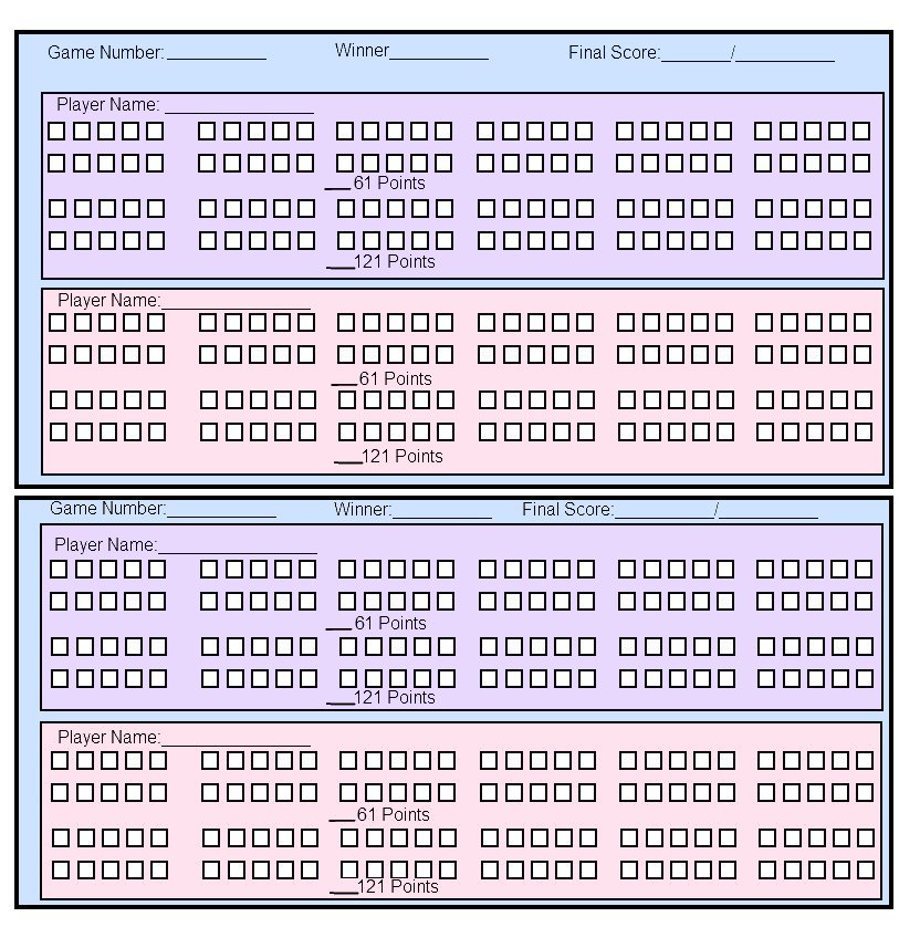 Printable Paper Scoresheet for the card game Cribbage